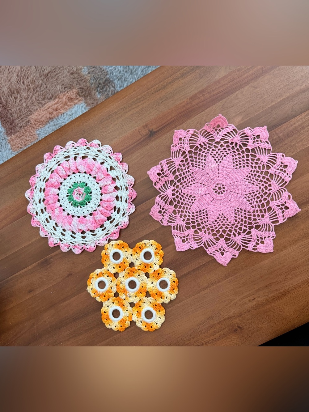 Vintage Handmade Crochet Doilies Set of 3 Pink Orange Floral